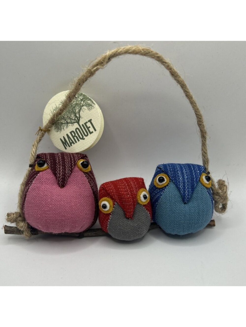 3 Owl Family Marquet Home Decor Fabric on Wood Branch Collectable Ornament New